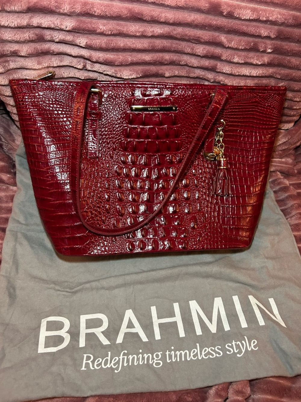 Brahmin Croc-Embossed Tote in Wine Red with Gold Hardware